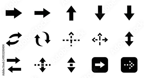 Collection of various black arrow icons pointing in different directions on a plain background
