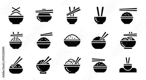 Collection of simple black and white illustrations of various bowls with noodles and chopsticks from a direct overhead viewpoint