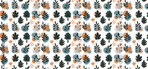 Watercolor floral pattern with various leaves and flowers in shades of green blue orange on white background