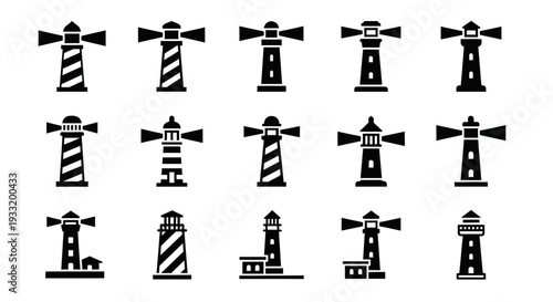 Collection of diverse lighthouse illustrations displayed together in a grid pattern showcasing various architectural styles and designs