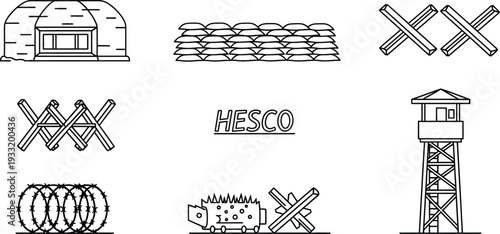 Set of military defense barriers and fortifications outline vector icons for security and war concepts isolated on white background