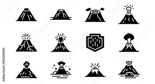 Collection of simple volcano icons in various eruption states displayed in a grid layout