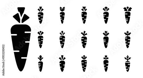 A collection of simple black carrot illustrations in various sizes arranged on a clean background from a straightforward viewpoint