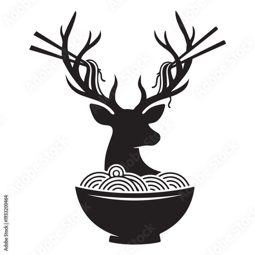 Black silhouette of deer head with antlers in bowl of noodles  creative food concept
