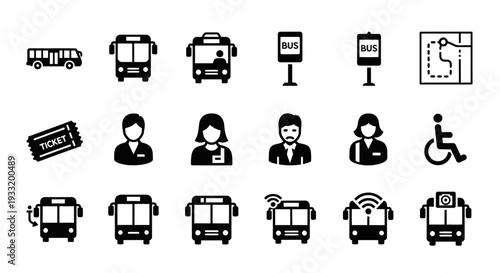 Collection of simple transportation icons, including buses, people, and signs, in a grid layout on a plain background