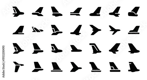 Collection of airplane silhouettes in various flight positions and angles, illustrations, aviation theme