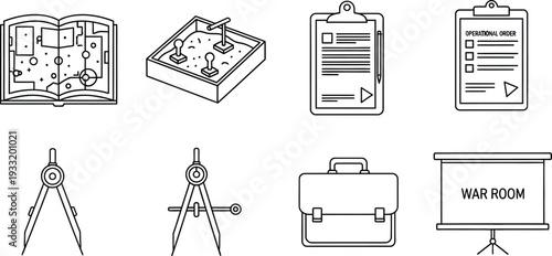 Outline vector icons for business strategy and planning featuring war room elements and essential tools ideal for project management corporate presentations and decision making
