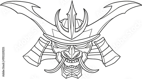 Line art illustration of a traditional Japanese samurai warrior helmet and mask. Ancient cultural design, powerful and iconic Asian symbol.