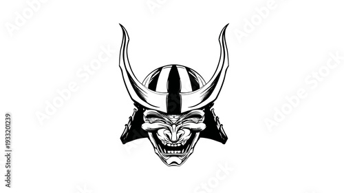 Fierce Samurai Warrior Mask Illustration. Traditional Japanese Kabuto Helmet with Horns and Menpo Face Guard in Black & White.