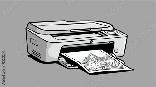 Detailed Grayscale Vector Illustration of a Modern Office Printer Producing a Document with an Image, Technology and Communication Device