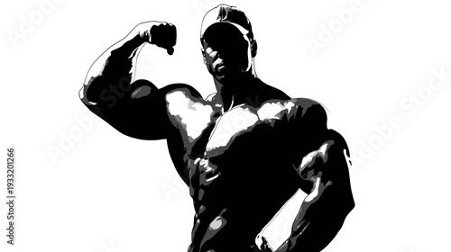 Muscular male bodybuilder flexing bicep in a powerful high-contrast black and white graphic illustration showcasing strength and fitness