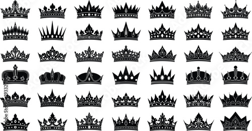 Collection of black silhouettes of various ornate crowns on a white background royal royalty