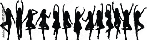Young women silhouettes dancing in energetic poses, group of girls celebrating black vector illustration isolated on white background for party design