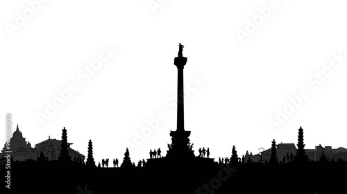 Monochrome city square silhouette with towering monument, classic architecture, and active pedestrians.