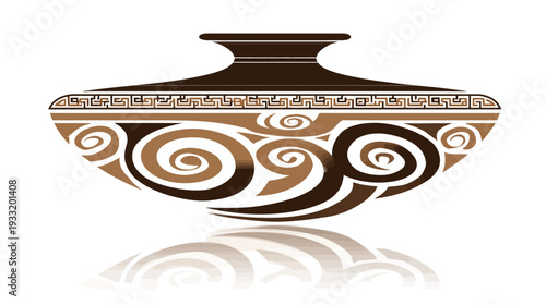 Stylized Decorative Ancient Pottery Vase with Elegant Swirl Patterns and Ethnic Ornament, Vector Illustration