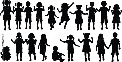 Children silhouettes collection featuring boys and girls standing, jumping and holding hands black vector illustration isolated on white background for design