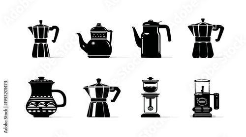 Collection of various coffee makers and tea pots silhouettes. Set of black and white icons for different brewing methods.