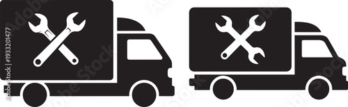 Silhouette repair trucks with tools on white background