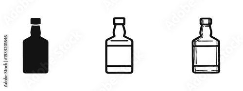 Classic whiskey bottle icon set with glyph, outline, and hand-drawn sketch variations, ideal for beverage themes.