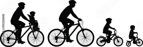 Family cycling silhouettes collection showing parents and children riding bicycles together black vector illustration isolated on white background for active lifestyle concept
