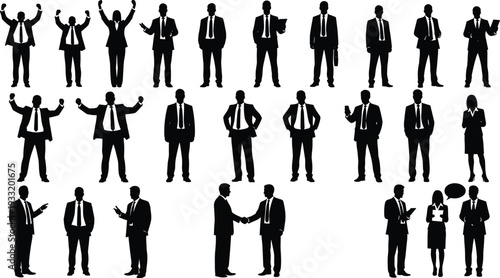 Business people silhouettes collection in suits presenting, discussing and shaking hands black vector illustration isolated on white background for corporate design