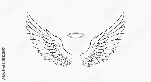 A minimalist line art illustration of angel wings with a halo