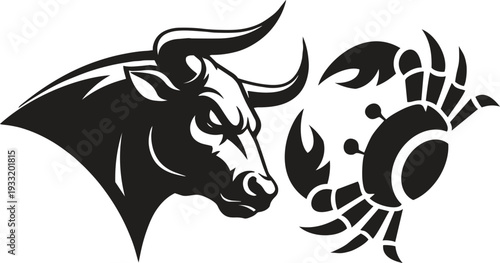 Powerful Bull and Crab Facing Each Other Mascot Illustration