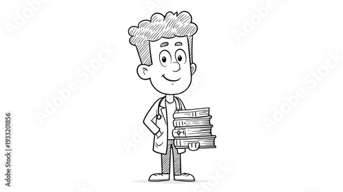 Hand-drawn sketch illustration of a smiling young doctor or medical student holding a stack of books, representing education and knowledge.