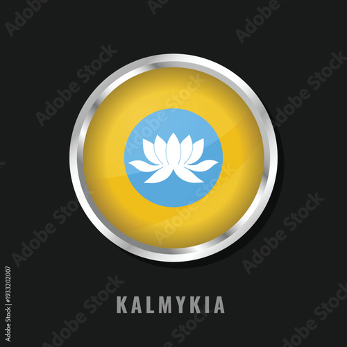 Circular glossy flag of Kalmykia with a silver frame. Features the yellow field with a blue circle containing a white lotus, symbolizing the republic's Buddhist heritage and purity