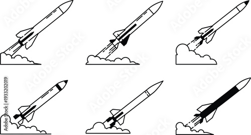 Set of minimalist black and white outline vector icons depicting a rocket launch sequence perfect for military technology space exploration or startup concepts