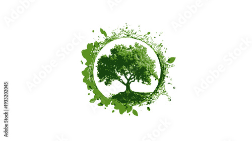 Vibrant green tree graphic in a circular splash frame, symbolizing nature, growth, environment, ecology, and sustainability.