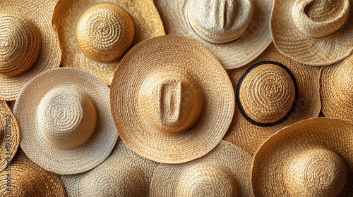 Straw Hats Arranged in a Pattern on a Flat Surface for Display in a Market Se...