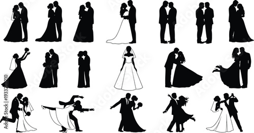 Wedding couple silhouettes collection featuring bride and groom in romantic poses, dancing and embracing black vector illustration isolated on white background