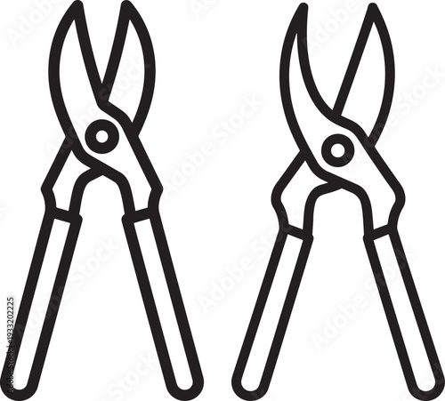 Outline pair of metal shears on white background