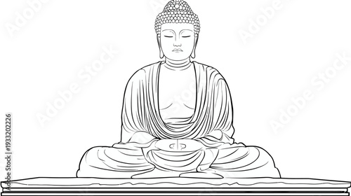 Vector line drawing of a peaceful Buddha statue meditating in a serene lotus position, symbolizing spirituality, wisdom, and inner peace.