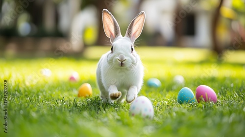 Rabbit Runs Among Colorful Eggs in a Grassy Field During Springtime