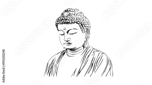 Meditating spiritual figure in a peaceful black and white sketch illustration, representing enlightenment and tranquility.