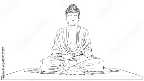 Line art illustration of a serene meditating spiritual figure in the lotus position, symbolizing peace, wisdom, and enlightenment.