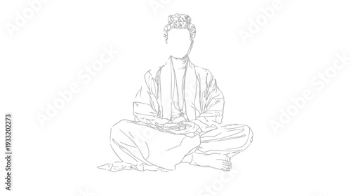 Line art drawing of a person meditating in a cross-legged yoga pose, symbolizing peace, mindfulness, spiritual well-being, and tranquility.