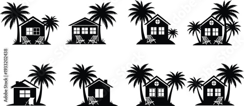 Tropical beach house silhouettes with palm trees, seaside cottages collection isolated on white background, summer vacation home illustration, island real estate concept