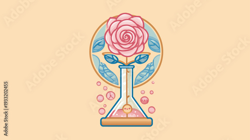 Botanical experiment illustration showing a delicate pink rose growing from a scientific flask, symbolizing natural science and growth research.