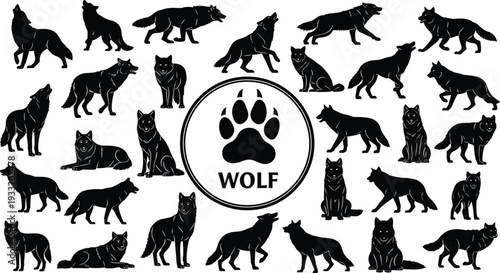 Wolf silhouettes collection with different poses, wild animal set and paw logo emblem isolated on white background, wildlife predator illustration for design