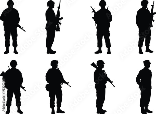 Collection of diverse soldier silhouettes in different stances, armed with rifles, symbolizing military operations and defense.
