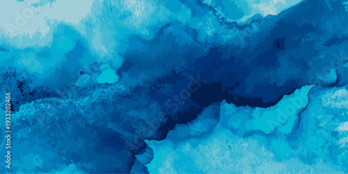 Abstract blue and cyan watercolor painting with dynamic brush strokes and fluid forms