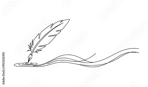 Minimal Feather Quill with Flowing Ink Line Art Vector Illustration Isolated on White