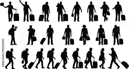 Silhouettes of travelers with luggage walking and standing in airport terminal, collection of people with suitcases isolated on white background, travel concept illustration