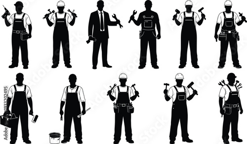 Silhouettes of construction workers and technicians with tools, contractor team collection isolated on white background, professional labor, maintenance and building industry concept