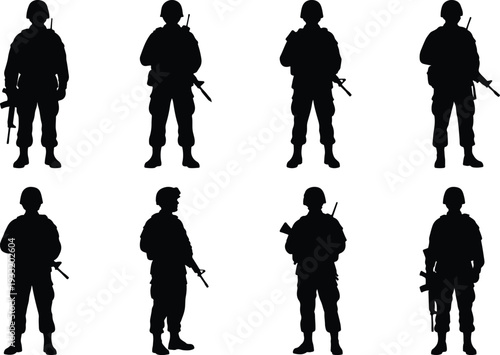Collection of soldier silhouettes in different stances, showcasing armed forces and their equipment for duty.