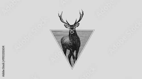 Majestic Stag Deer with Antlers in Geometric Triangle Illustration, Vintage Engraving Style, Black and White Wildlife Nature Design
