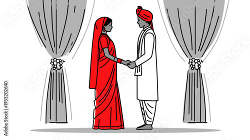 South Asian Wedding Couple Holding Hands in Traditional Attire Ceremony. Minimalist Sketch Style Illustration